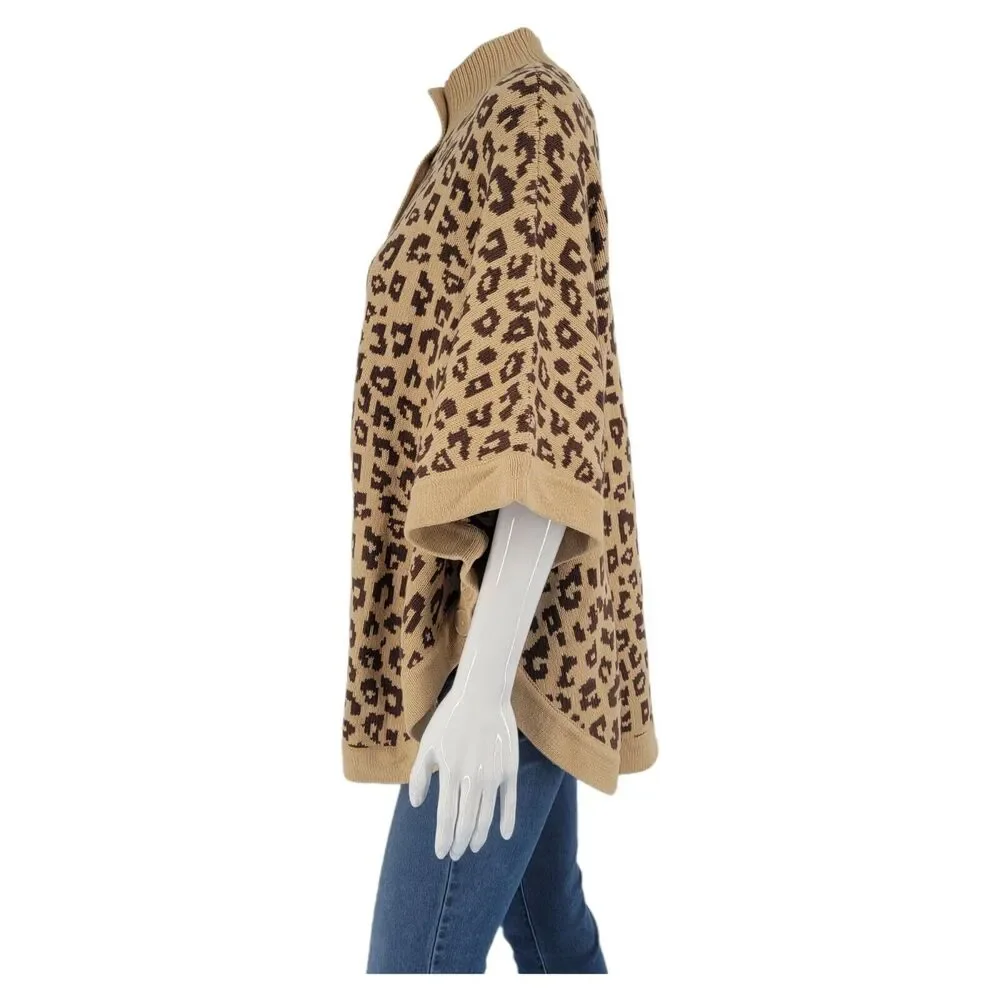 Denim Co Womens Poncho Buttoned Sweater Medium Size Beige Brown Animal Print - Picture 6 of 10